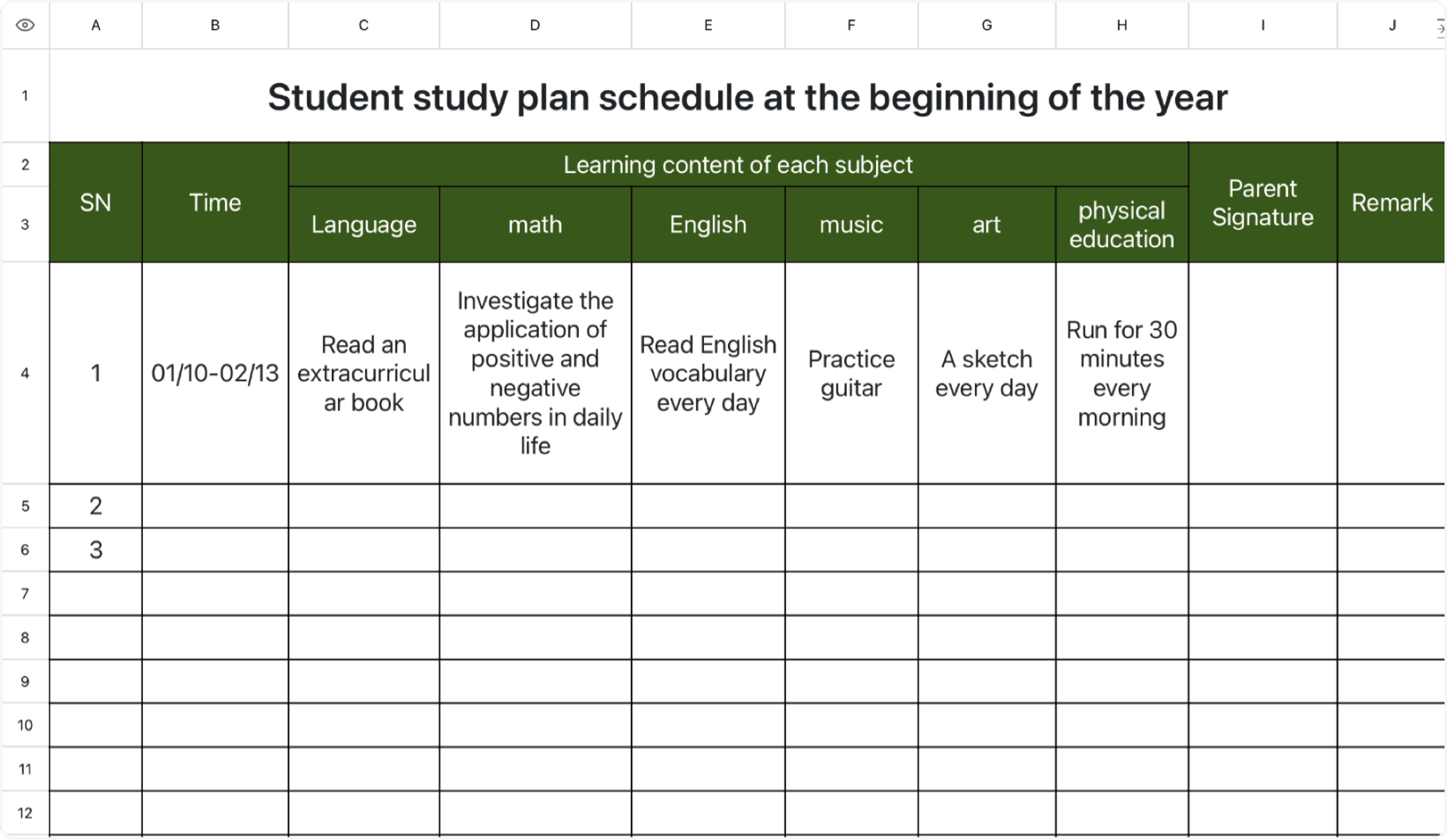 Students' study plan schedule at the beginning of the year
